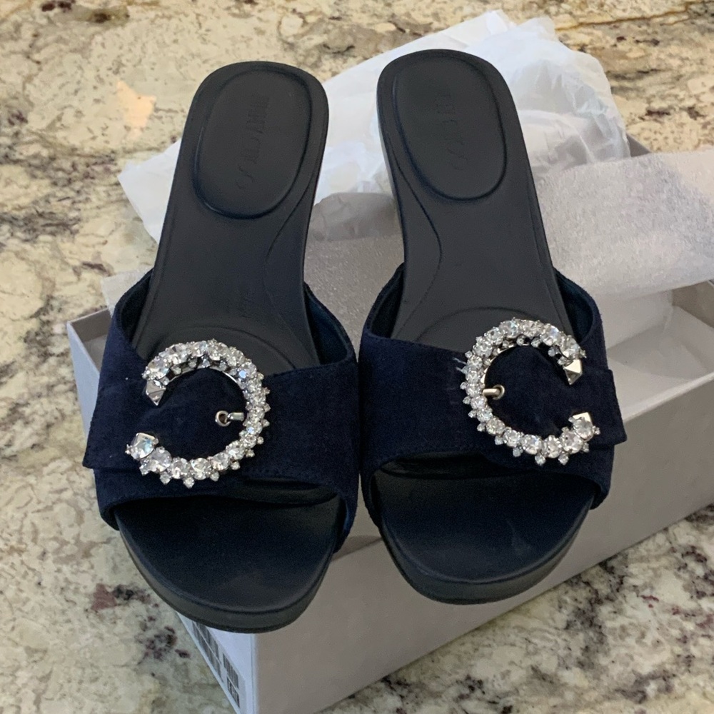 Elegant navy Suede Women's Slides with Crystal Embellishments